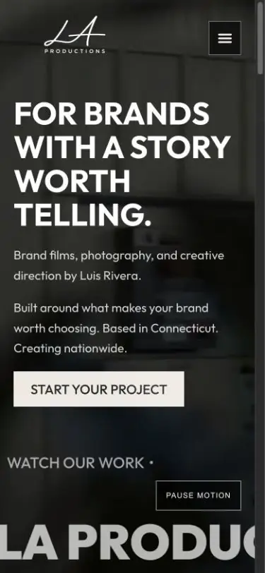 LA Productions website homepage shown in the mobile portfolio mockup.