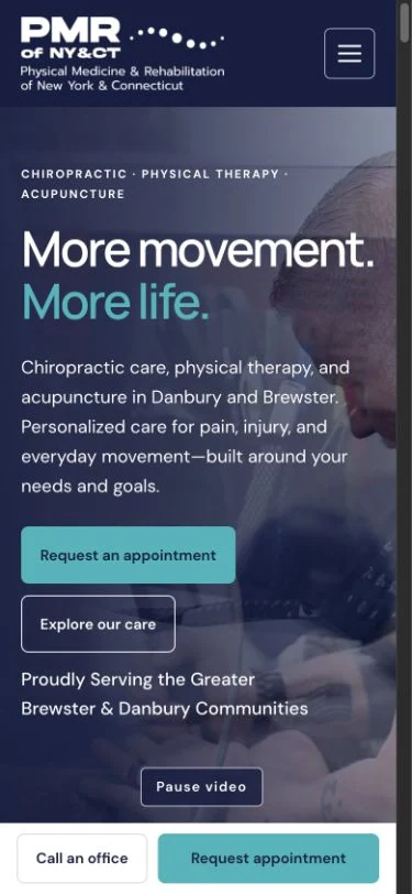 PMR of NY & CT website homepage shown in the mobile portfolio mockup.