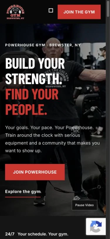 Powerhouse Gym Brewster website homepage shown in the mobile portfolio mockup.
